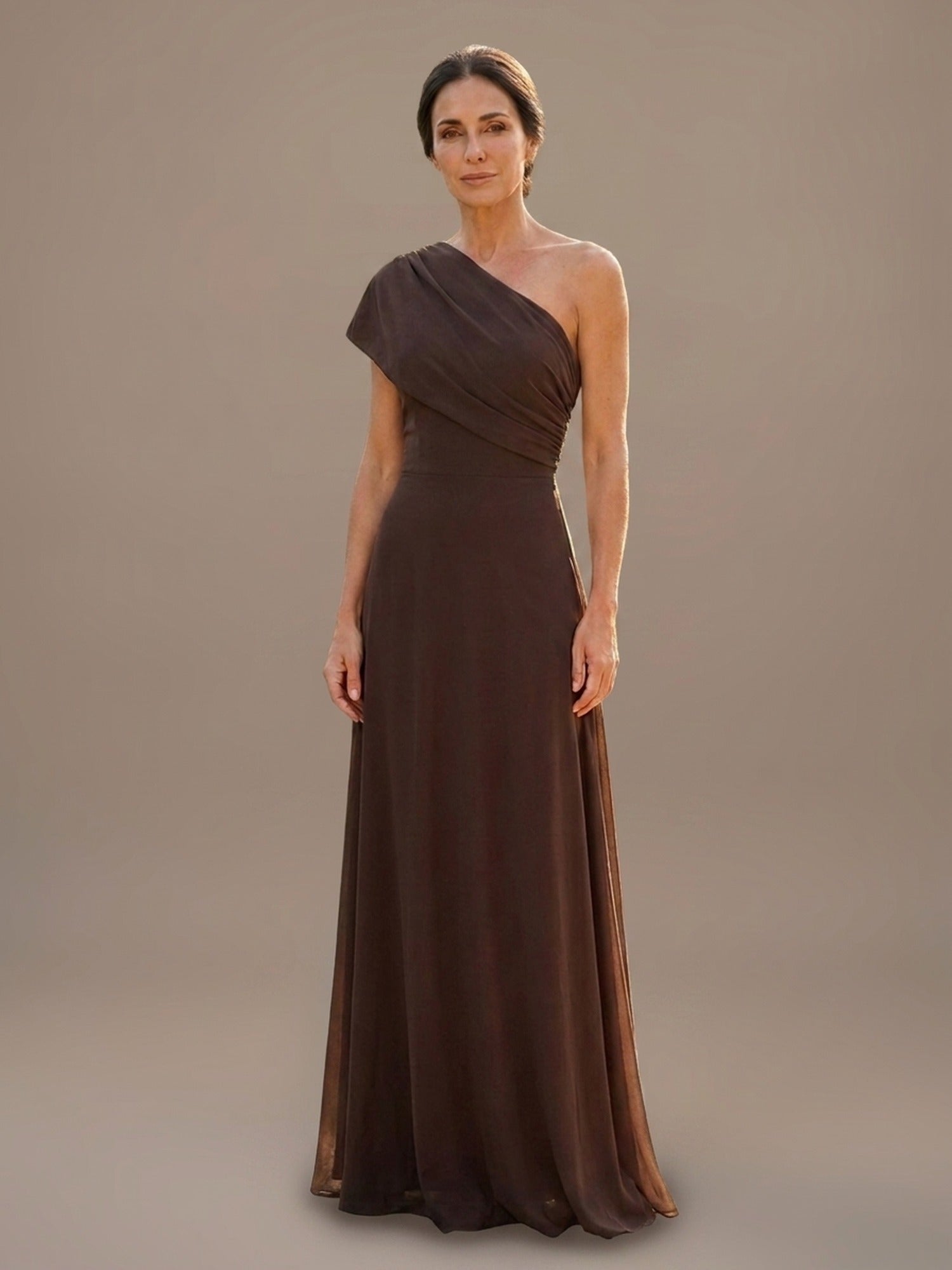 Vestido Largo de Un Hombro Drapeado - Marrón Chocolate