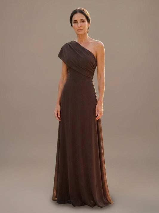 Vestido Largo de Un Hombro Drapeado - Marrón Chocolate