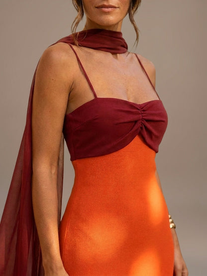 Vestido Largo Drapeado Bicolor - Naranja y Burdeos
