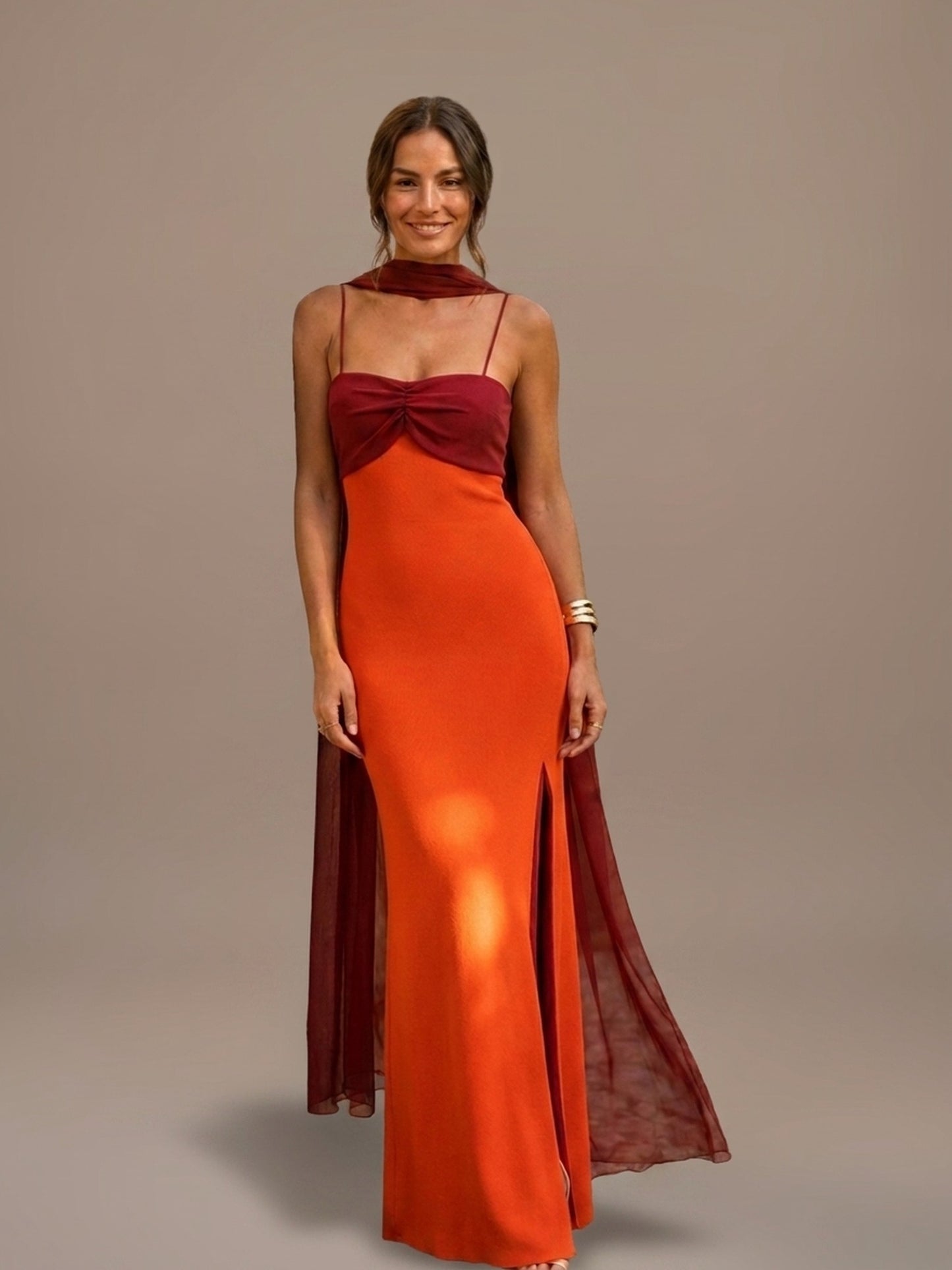 Vestido Largo Drapeado Bicolor - Naranja y Burdeos