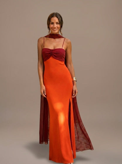Vestido Largo Drapeado Bicolor - Naranja y Burdeos